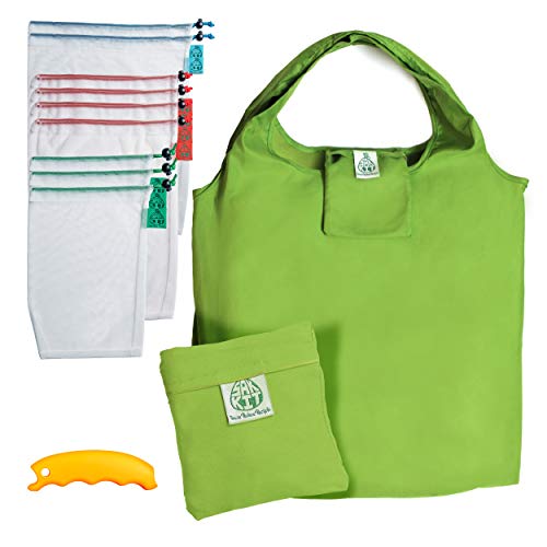 Eco Friendly Products Set of 12 PCS | Mesh bags with Tare Weight Tags | Foldable grocery bags and a bonus silicon handle | All the reusable grocery bags in this kit are made from recycled plastic