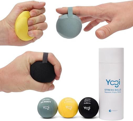 Yogi Stress Balls - Stress Ball with Finger Grip Strap, Stress Balls for Adults, Grip Strength Trainer Squeeze Balls, Anxiety Stress Relief, Fidget Handball, Squish Ball(3PACK)