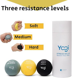 Yogi Stress Balls - Stress Ball with Finger Grip Strap, Stress Balls for Adults, Grip Strength Trainer Squeeze Balls, Anxiety Stress Relief, Fidget Handball, Squish Ball(3PACK)