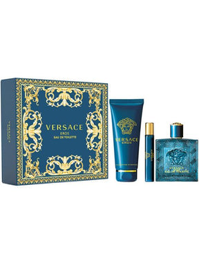 Versace Eros Men's 3 Pcs Gift Set: 3.4 Ounce EDT + 5 Ounce Versace Shower Gel + Mini Eros 0.33 Ounce - Hard Box