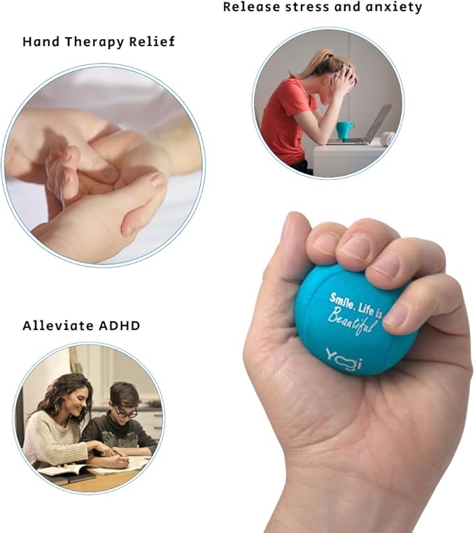 Yogi Stress Balls - Stress Ball with Finger Grip Strap, Stress Balls for Adults, Grip Strength Trainer Squeeze Balls, Anxiety Stress Relief, Fidget Handball, Squish Ball