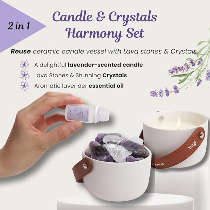 Lavender Candle & Crystals Harmony Set - Dual Aromatherapy Experience with Lava Stones, Crystals & Essential Oil. Scented Candles Gift Set for Women, Natural Soy Non-Toxic, Long-Lasting Fragrance