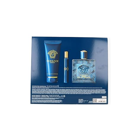 Versace Eros Men's 3 Pcs Gift Set: 3.4 Ounce EDT + 5 Ounce Versace Shower Gel + Mini Eros 0.33 Ounce - Hard Box