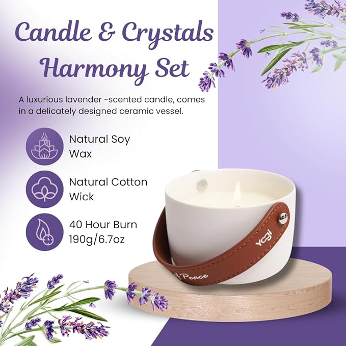 Lavender Candle & Crystals Harmony Set - Dual Aromatherapy Experience with Lava Stones, Crystals & Essential Oil. Scented Candles Gift Set for Women, Natural Soy Non-Toxic, Long-Lasting Fragrance