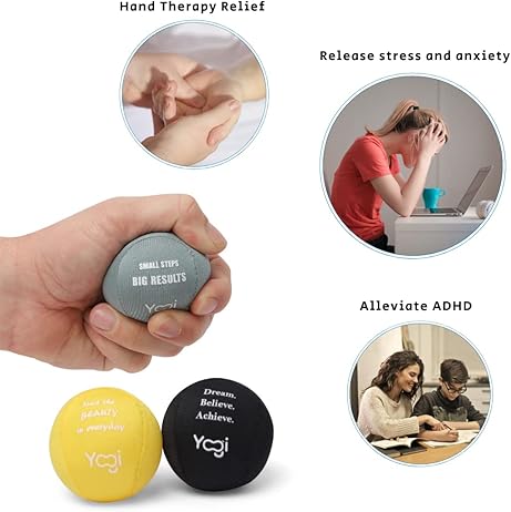 Yogi Stress Balls - Stress Ball with Finger Grip Strap, Stress Balls for Adults, Grip Strength Trainer Squeeze Balls, Anxiety Stress Relief, Fidget Handball, Squish Ball(3PACK)