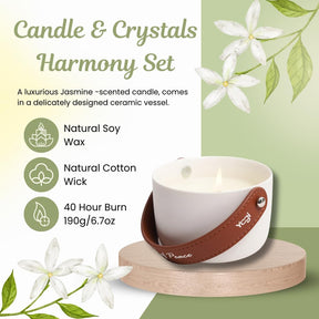 Jasmine Candle & Crystals Harmony Set - Dual Aromatherapy Experience with Lava Stones, Crystals & Essential Oil. Scented Candles Gift Set for Women, Natural Soy Non-Toxic, Long-Lasting Fragrance