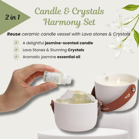 Jasmine Candle & Crystals Harmony Set - Dual Aromatherapy Experience with Lava Stones, Crystals & Essential Oil. Scented Candles Gift Set for Women, Natural Soy Non-Toxic, Long-Lasting Fragrance