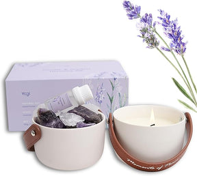 Lavender Candle & Crystals Harmony Set - Dual Aromatherapy Experience with Lava Stones, Crystals & Essential Oil. Scented Candles Gift Set for Women, Natural Soy Non-Toxic, Long-Lasting Fragrance