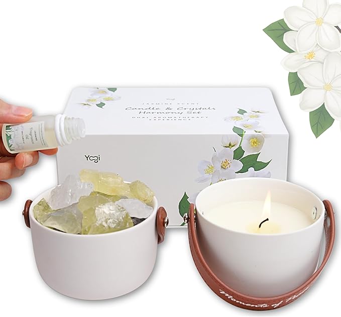 Jasmine Candle & Crystals Harmony Set - Dual Aromatherapy Experience with Lava Stones, Crystals & Essential Oil. Scented Candles Gift Set for Women, Natural Soy Non-Toxic, Long-Lasting Fragrance