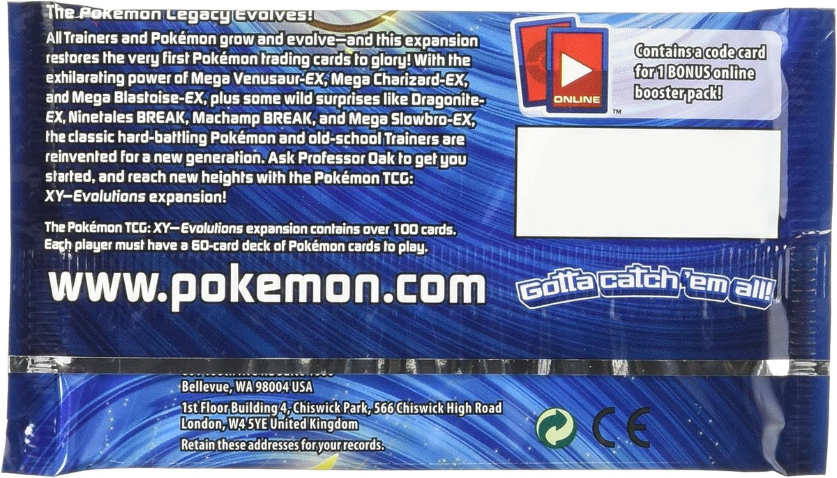 The Pokemon TCG: XY Evolutions, Blister Booster Pack contains 10 cards per pack and contains over 100 new cards to collect.