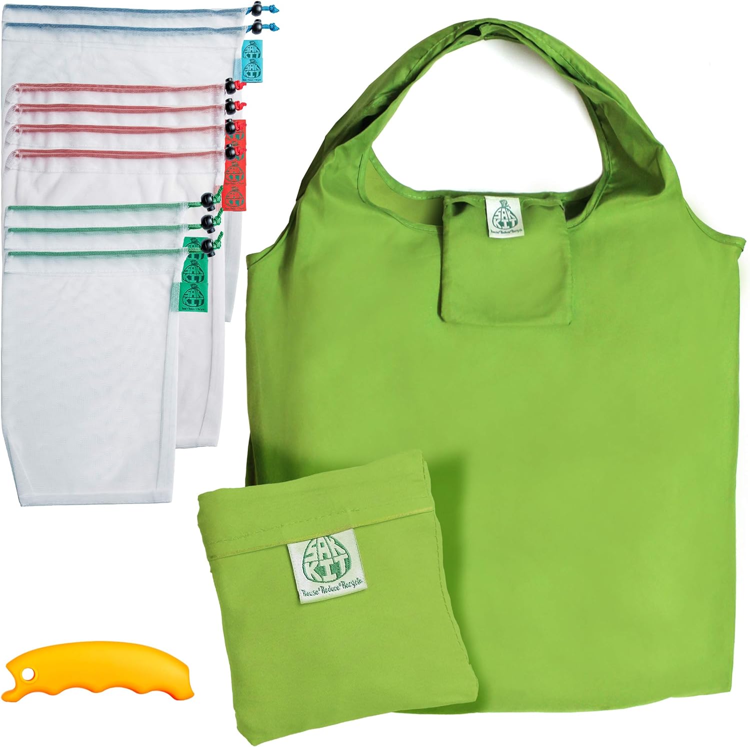 Eco Friendly Products Set of 12 PCS | Mesh bags with Tare Weight Tags | Foldable grocery bags and a bonus silicon handle | All the reusable grocery bags in this kit are made from recycled plastic