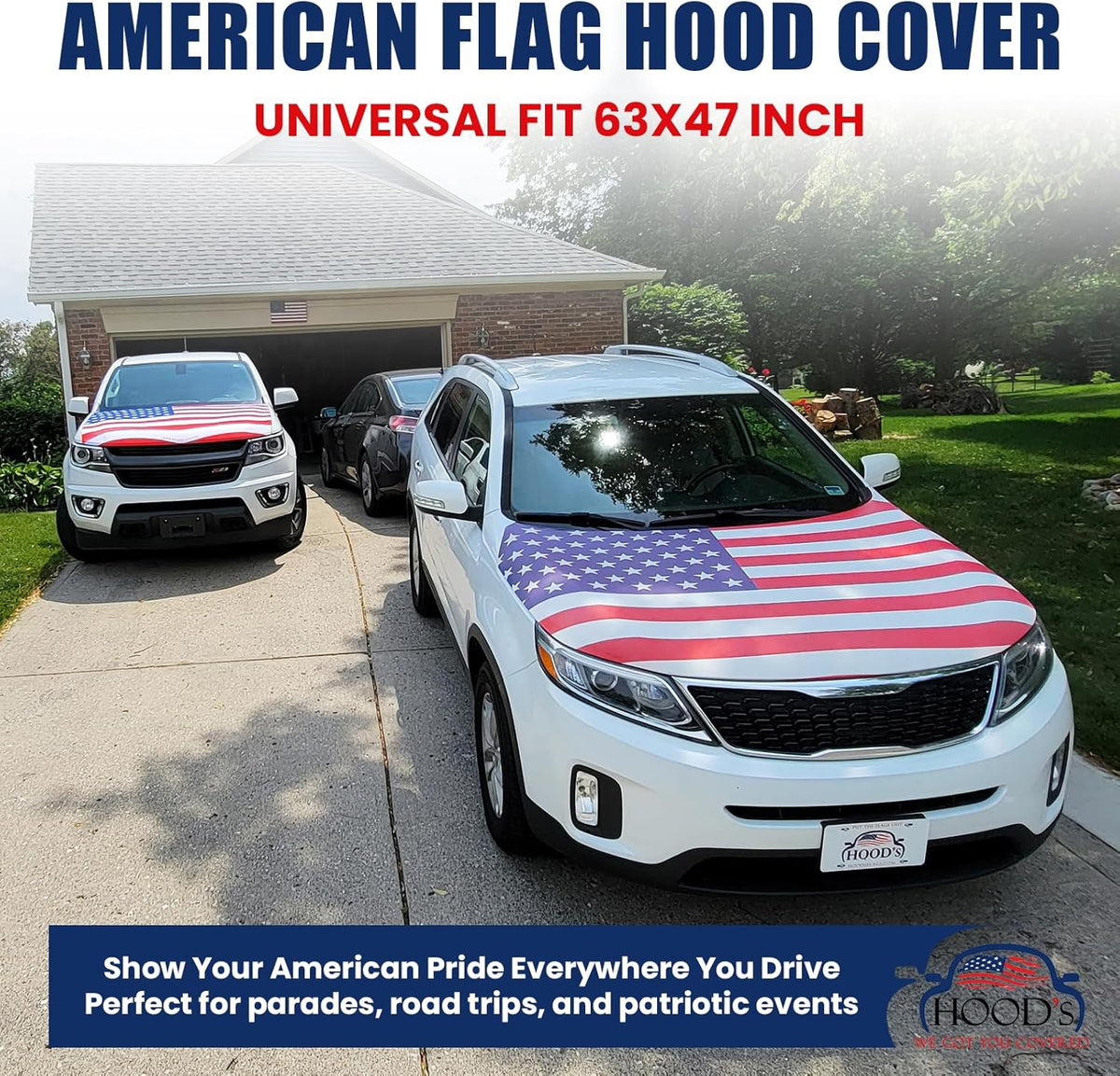 [Hood's Flags] American Flag Car Hood Cover 63"x47" (120x160cm) - Universal Fit for Trucks, Car, SUV, or Van. Polyester Spandex Material, Weather-Resistant with Secure Fasteners