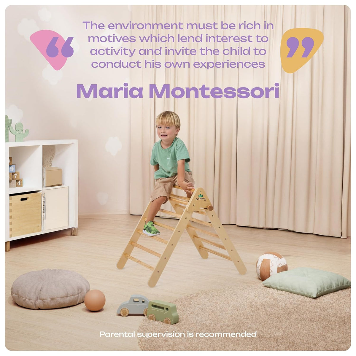 FUN FOREST 8-in-1 Pikler Triangle Set, Real Wood Montessori Climbing Set, Foldable Toddler Climbing Toys Indoor