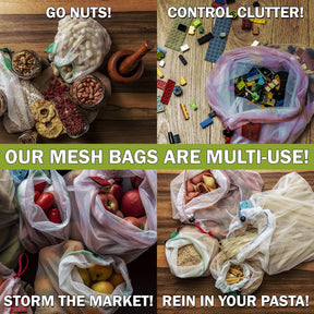 Eco Friendly Products Set of 12 PCS | Mesh bags with Tare Weight Tags | Foldable grocery bags and a bonus silicon handle | All the reusable grocery bags in this kit are made from recycled plastic