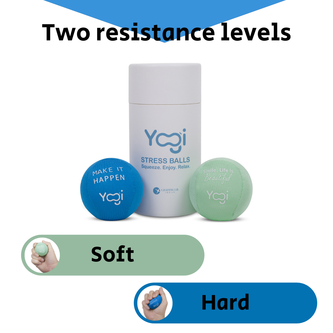 Yogi Stress Balls - Stress Ball with Finger Grip Strap, Stress Balls for Adults, Grip Strength Trainer Squeeze Balls, Anxiety Stress Relief, Fidget Handball, Squish Ball (Blue and green)