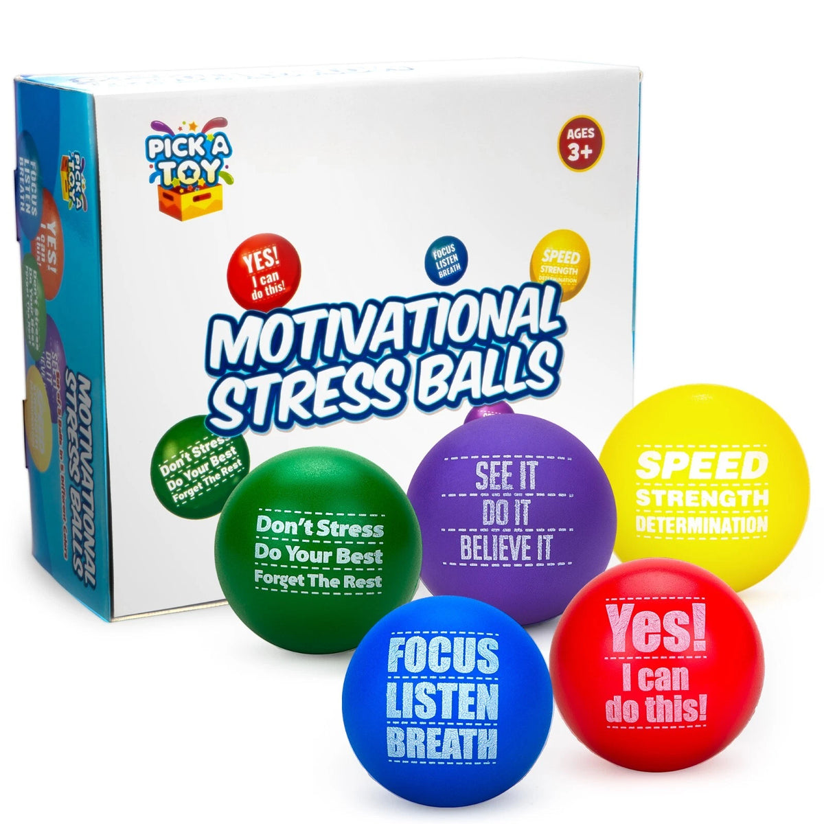 Pick A Toy Motivational Stress Balls – 5 Pack, 3 Vibrant Colors – Stress Relief for Kids & Adults with Positive Quotes