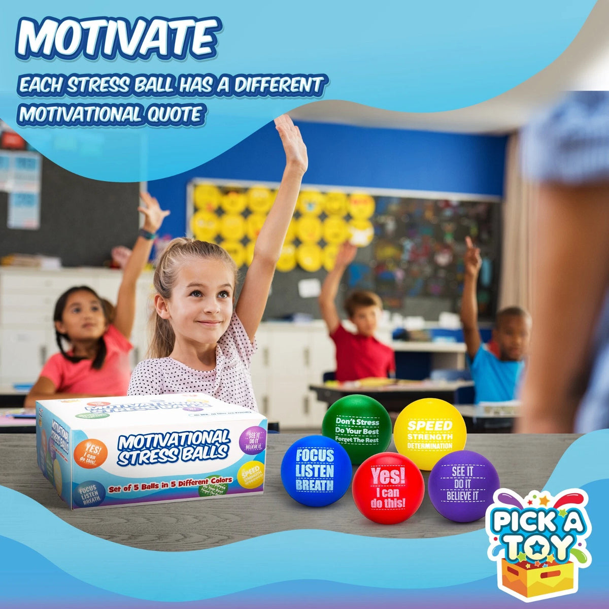 Pick A Toy Motivational Stress Balls – 5 Pack, 3 Vibrant Colors – Stress Relief for Kids & Adults with Positive Quotes