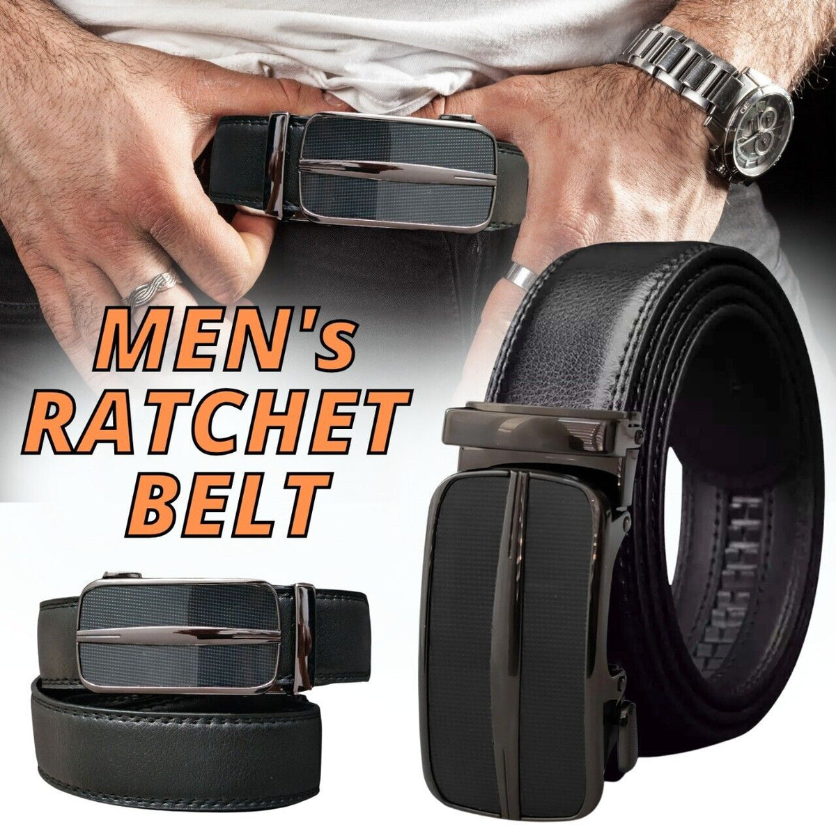 Men’s Black Microfiber Leather Ratchet Belt with Adjustable Automatic Buckle – Stylish & Durable